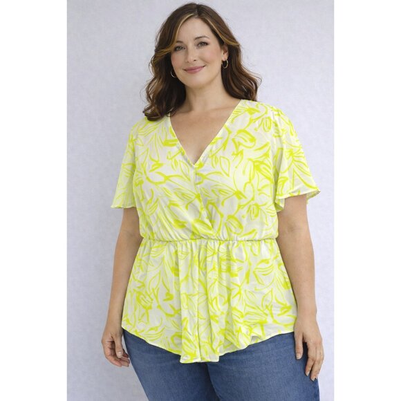 torrid Tops - Torrid Lime Green Abstract Peplum Blouse Flutter Sleeve Size 1